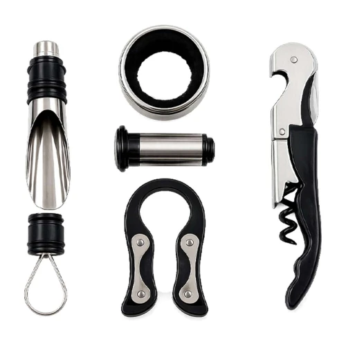 Kit acessórios para vinho de metal com 05 unidades Kit acessórios para vinho de metal com 05 unidades