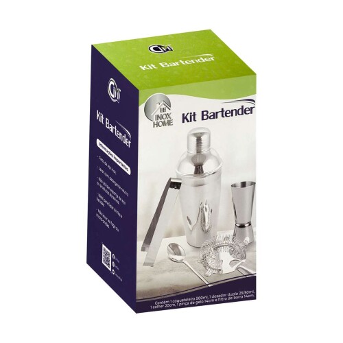 Kit bar 05 peças coqueteleira + dosador + colher + pinça + filtro de barra