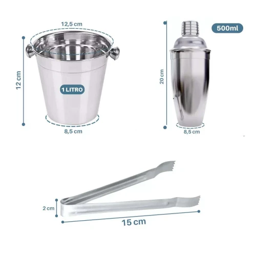 Kit bar com 03 peças coqueteleira + balde de gelo + pinça