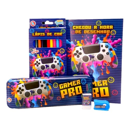 Kit escolar estojo de metal com 05 peças sortidos Polibrinq Kit escolar estojo de metal com 05 peças sortidos Polibrinq