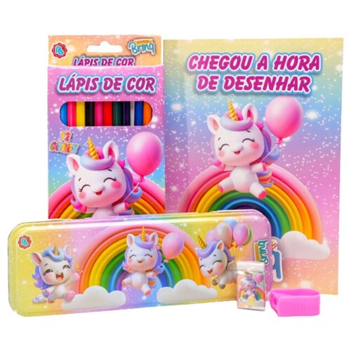 Kit escolar estojo de metal com 05 peças sortidos Polibrinq Kit escolar estojo de metal com 05 peças sortidos Polibrinq