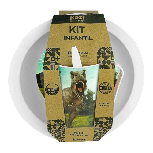 Kit infantil plástico copo/prato/colher Dino Kozi Plast