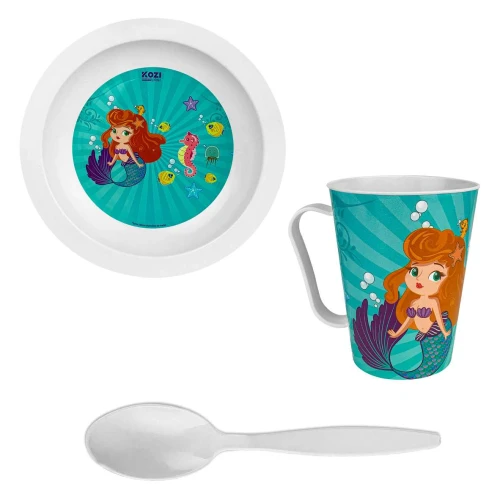 Kit infantil plástico copo/prato/colher Sereia Kozi Plast