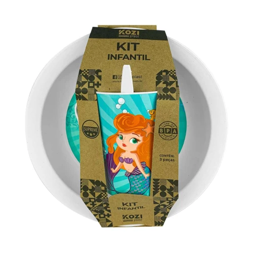 Kit infantil plástico copo/prato/colher Sereia Kozi Plast
