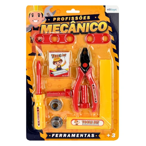 Kit mecânico plástico com 10 peças ferramentas Etitoys