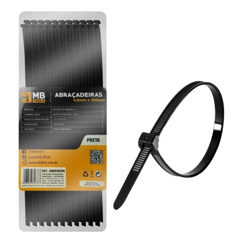 Lacre plástico preto 4,8x200mm com 100 unidades MbTech