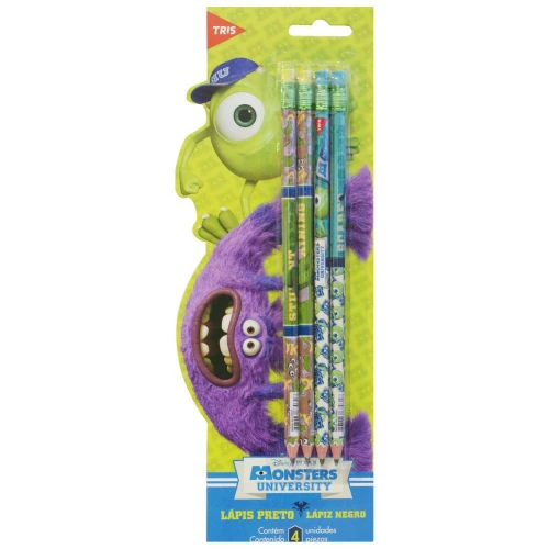 Lápis de escrever com borracha monsters com 04 unidades blister Tris
