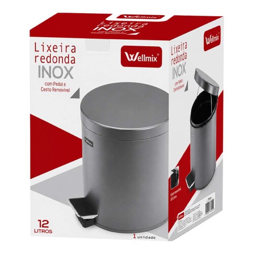 Lixeira com pedal 12 litros inox cinza