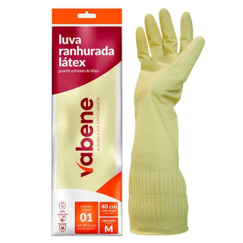 Luva multiuso latex ranhurada cano longo blister 01 par tamanho M Vabene Luva multiuso latex ranhurada cano longo blister 01 par tamanho M Vabene