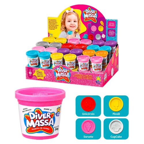 Massa de modelar 50g tampa forminha glitter Diver Toys