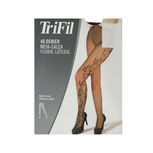 Meia calça fio 40 floral lateral preto único Trifil