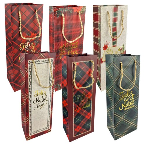 Natal sacola para presente papel para vinho 12x36x8,5cm Multiart