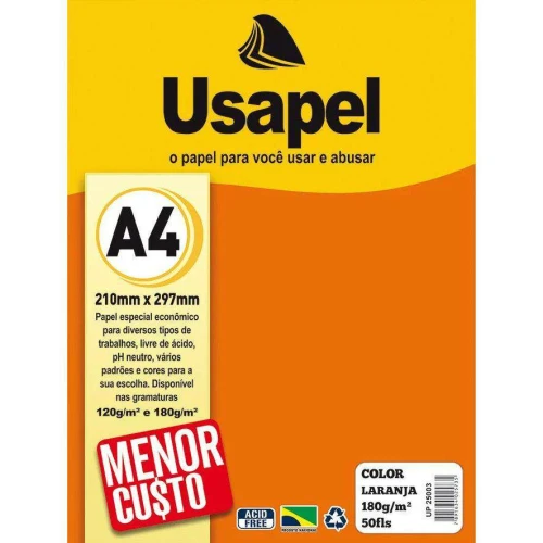 PAPEL COLOR 180G/M² A-4 210MMX297MM C/50FLS LARANJA USAPEL(M)