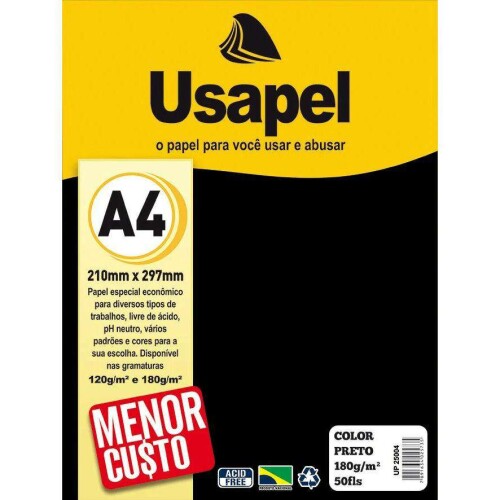 Papel color 180g/m² a-4 210mmx297mm c/50fls preto usapel(m)