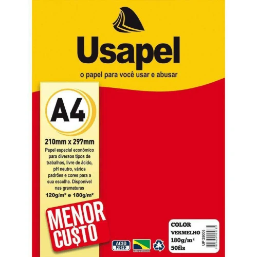 Papel color 180g A4 com 50 folhas vermelho Usapel