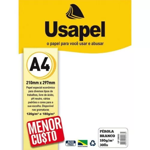 Papel pérola 180g/m² A4 210x297mm branco com 30 folhas Usapel