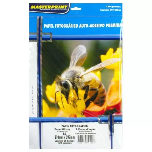Papel fotográfico A4 adesivado brilho premium 130g/m² com 20 folhas Masterprint Papel fotográfico A4 adesivado brilho premium 130g/m² com 20 folhas Masterprint