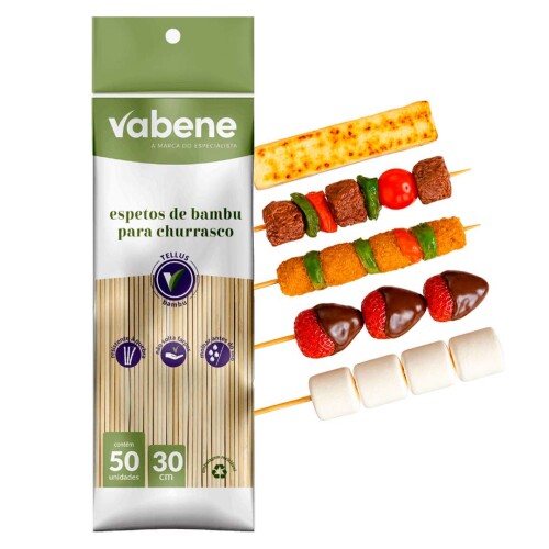 Palito para espetinho de bambu grosso 30cm com 50 unidades Vabene