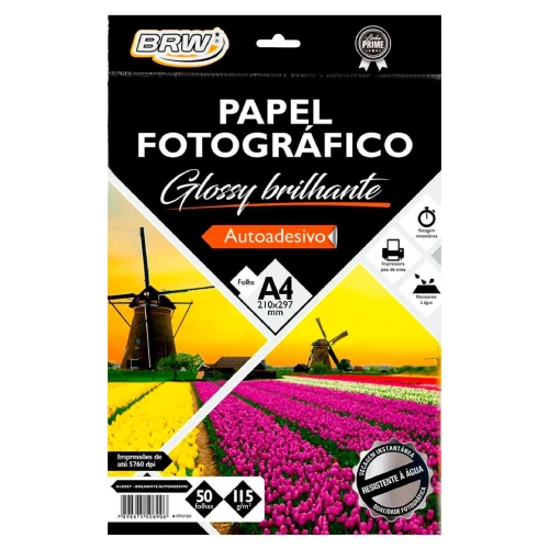 Papel fotográfico adesivado glossy 115g A4 com 50 folhas Brw