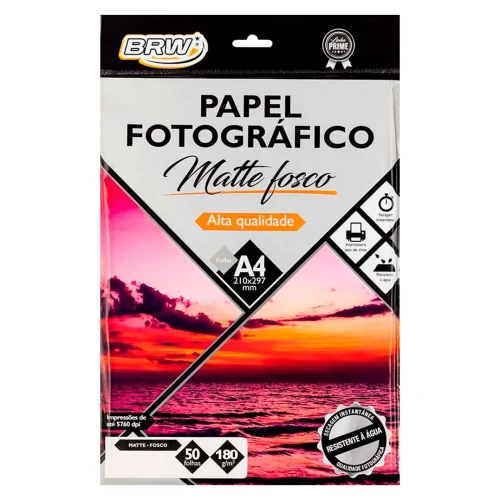 Papel fotográfico fosco matte 180g A4 com 50 folhas Brw
