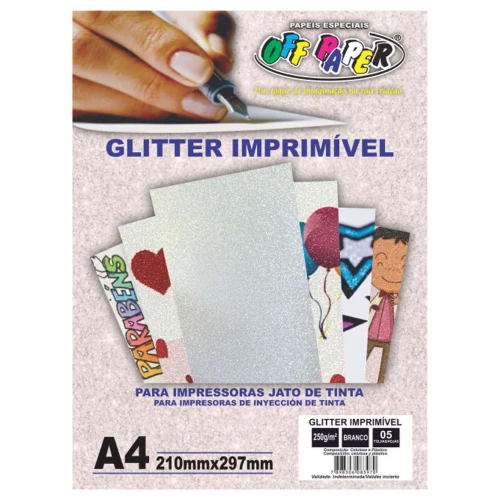 Papel glitter 250g A-4 imprimível com 10 folhas branco Off Papper