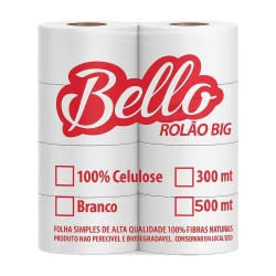 Papel higiênico rolão 300 metros 100% celulose com 08 unidades Bello