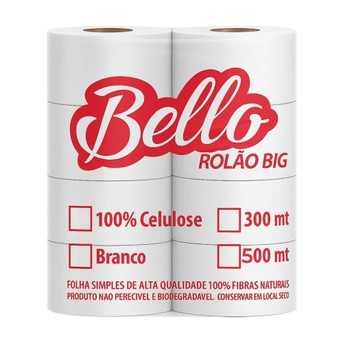 Papel higiênico rolão 300 metros 100% celulose com 08 unidades Bello