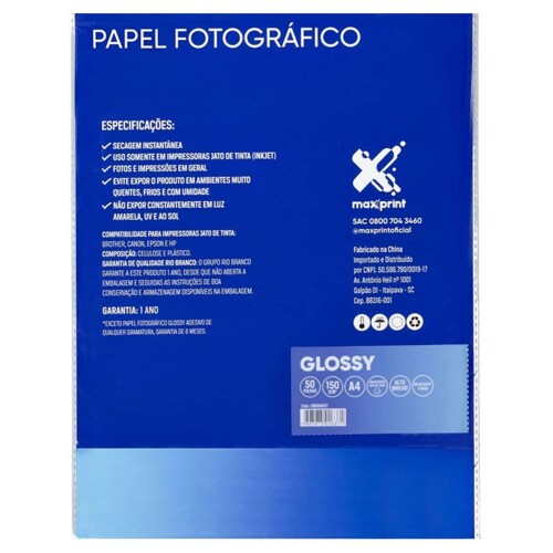 Papel photo glossy 180g a4 50 folhas maxprint