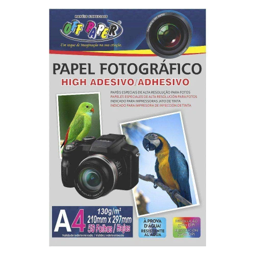 Papel photo high glossy adesivado 130g/m² a4 com 50 folhas off paper
