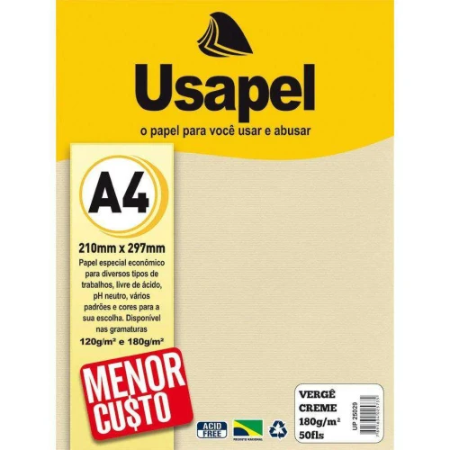 Papel verge 180g/m² a-4 210mmx297mm c/50fls creme usapel(m)(v)