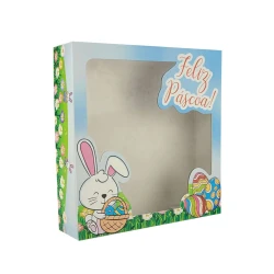 Páscoa caixa de papel visor Feliz Páscoa 18x18x4cm