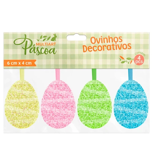 Páscoa enfeite para pendurar ovinhos com glitter 06cm com 04 peças Multiart