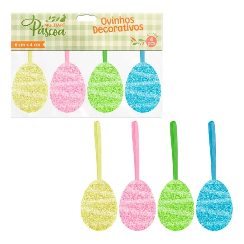 Páscoa enfeite para pendurar ovinhos com glitter 06cm com 04 peças Multiart