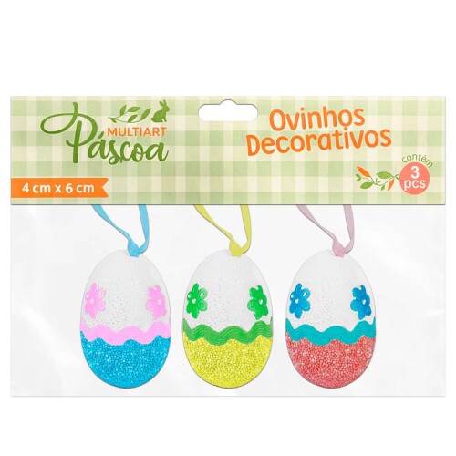 Páscoa ovos decorados de isopor flocado com 03 unidades 4x6cm Multiart Páscoa ovos decorados de isopor flocado com 03 unidades 4x6cm Multiart