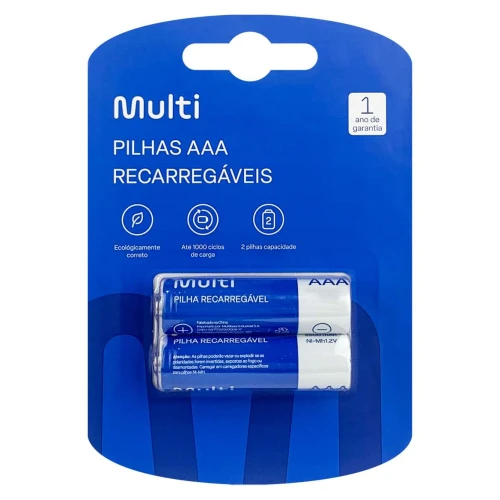 Pilha recarregável palito AAA 1000MAH com 02 unidades Multilaser CB051 Pilha recarregável palito AAA 1000MAH com 02 unidades Multilaser CB051