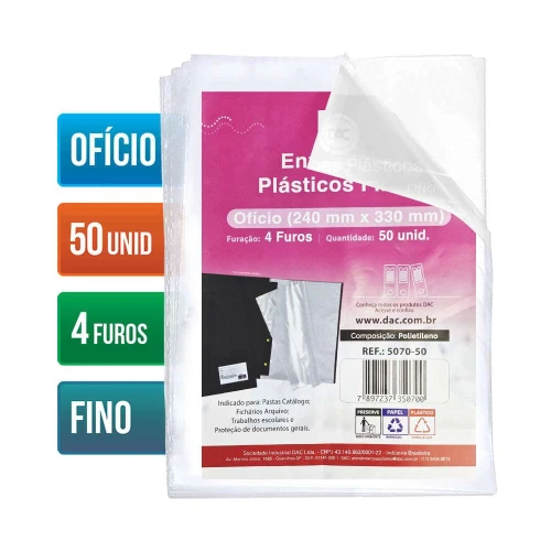 Plástico perfurado fino 240x325mm com 50 unidades ofício Dac