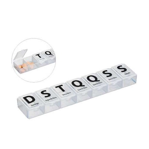 Porta comprimidos retangular semanal com 7 divisórias Porta comprimidos retangular semanal com 7 divisórias