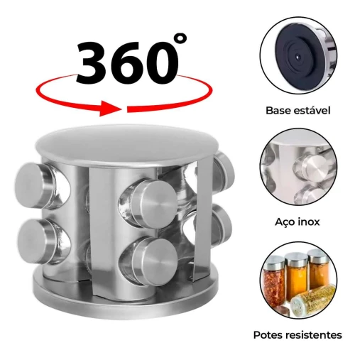 Porta condimento inox com 08 peças + suporte