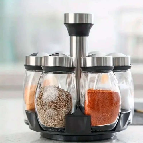 Porta condimentos de vidro com 06 unidades com suporte de inox