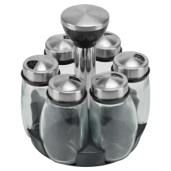 Porta condimentos de vidro com 06 unidades com suporte de inox