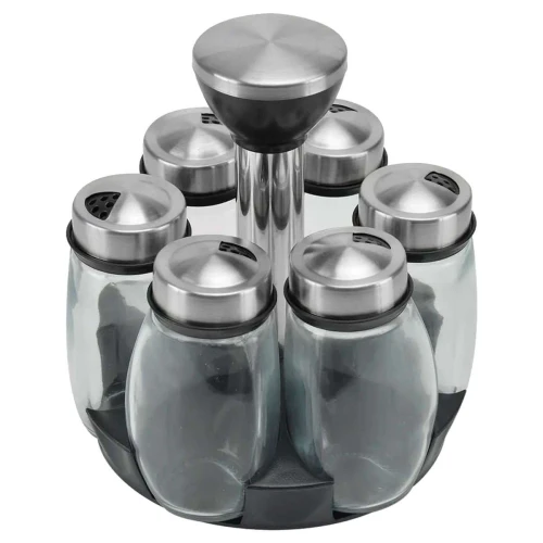 Porta condimentos de vidro com 06 unidades com suporte de inox