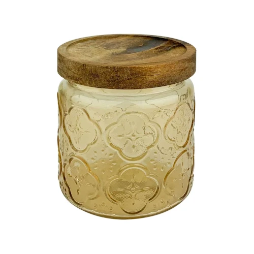 Pote de vidro com tampa de madeira 470ml decorado sortidos