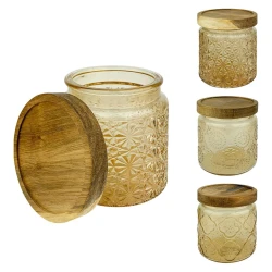 Pote de vidro com tampa de madeira 470ml decorado sortidos