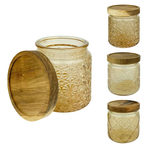 Pote de vidro com tampa de madeira 470ml decorado sortidos