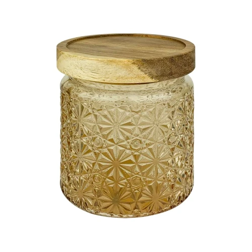 Pote de vidro com tampa de madeira 470ml decorado sortidos