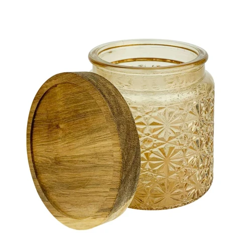 Pote de vidro com tampa de madeira 470ml decorado sortidos