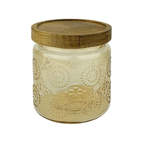 Pote de vidro com tampa de madeira 470ml decorado sortidos