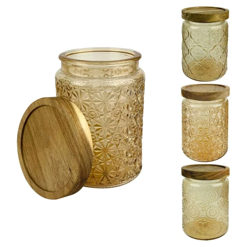 Pote de vidro com tampa de madeira 670ml decorado sortidos