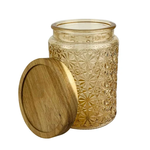 Pote de vidro com tampa de madeira 670ml decorado sortidos