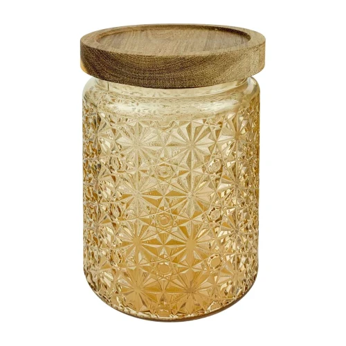 Pote de vidro com tampa de madeira 670ml decorado sortidos